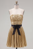 Metallic Golden Pleated A Line Strapless Homecoming Dress