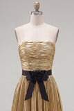 Metallic Golden Pleated A Line Strapless Homecoming Dress