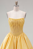 Strapless A Line Corset Yellow Homecoming Dress with Pearls