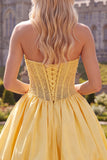 Strapless A Line Corset Yellow Homecoming Dress with Pearls