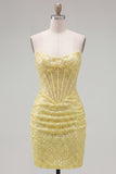 Yellow Bodyocn Strapless Beaded Corset Sequin Homecoming Dress