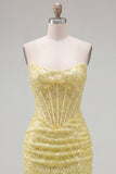 Yellow Bodyocn Strapless Beaded Corset Sequin Homecoming Dress