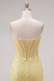 Yellow Bodyocn Strapless Beaded Corset Sequin Homecoming Dress