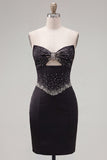 Black Strapless Beaded Cut Out Bodycon Short Homecoming Dress