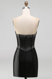 Black Strapless Beaded Cut Out Bodycon Short Homecoming Dress