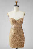 Sparkly Golden Bodycon Sequin Corset Strapless Homecoming Dress