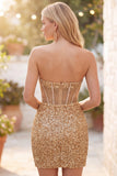 Sparkly Golden Bodycon Sequin Corset Strapless Homecoming Dress