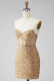 Sparkly Golden Bodycon Sequin Corset Strapless Homecoming Dress