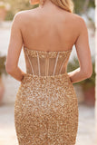 Sparkly Golden Bodycon Sequin Corset Strapless Homecoming Dress