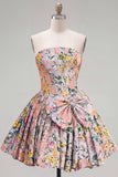 Strapless A Line Pink Corset Jacquard Floral Homecoming Dress with Bow