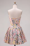 Strapless A Line Pink Corset Jacquard Floral Homecoming Dress with Bow