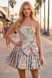 Strapless A Line Pink Corset Jacquard Floral Homecoming Dress with Bow