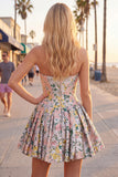 Strapless A Line Pink Corset Jacquard Floral Homecoming Dress with Bow