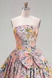 Strapless A Line Pink Corset Jacquard Floral Homecoming Dress with Bow