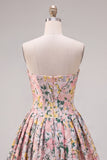Strapless A Line Pink Corset Jacquard Floral Homecoming Dress with Bow