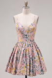 Floral Jacquard Pink Spaghetti Straps A Line Homecoming Dress