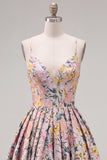 Floral Jacquard Pink Spaghetti Straps A Line Homecoming Dress