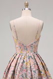 Floral Jacquard Pink Spaghetti Straps A Line Homecoming Dress