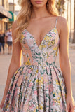 Floral Jacquard Pink Spaghetti Straps A Line Homecoming Dress