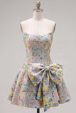 Jacquard Floral Strapless A Line Grey Short Homecoming Dress with Bow