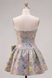 Jacquard Floral Strapless A Line Grey Short Homecoming Dress with Bow