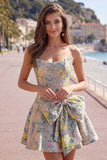 Jacquard Floral Strapless A Line Grey Short Homecoming Dress with Bow