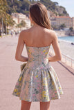 Jacquard Floral Strapless A Line Grey Short Homecoming Dress with Bow