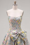 Jacquard Floral Strapless A Line Grey Short Homecoming Dress with Bow