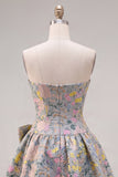 Jacquard Floral Strapless A Line Grey Short Homecoming Dress with Bow