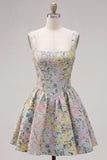 Grey A Line Square Neck Floral Jacquard Corset Homecoming Dress