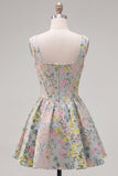 Grey A Line Square Neck Floral Jacquard Corset Homecoming Dress