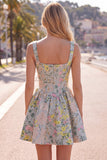 Grey A Line Square Neck Floral Jacquard Corset Homecoming Dress