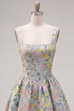 Grey A Line Square Neck Floral Jacquard Corset Homecoming Dress