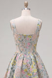 Grey A Line Square Neck Floral Jacquard Corset Homecoming Dress