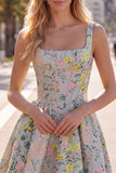 Grey A Line Square Neck Floral Jacquard Corset Homecoming Dress