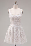 White A Line Floral Lace Square Neck Pearl Short Homecoming Dress