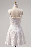 White A Line Floral Lace Square Neck Pearl Short Homecoming Dress
