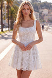 White A Line Floral Lace Square Neck Pearl Short Homecoming Dress