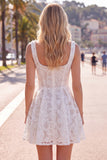 White A Line Floral Lace Square Neck Pearl Short Homecoming Dress