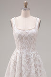 White A Line Floral Lace Square Neck Pearl Short Homecoming Dress