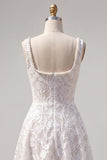 White A Line Floral Lace Square Neck Pearl Short Homecoming Dress