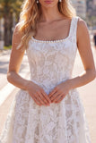 White A Line Floral Lace Square Neck Pearl Short Homecoming Dress