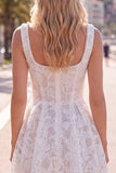 White A Line Floral Lace Square Neck Pearl Short Homecoming Dress