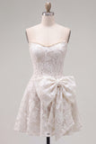 Strapless Pearl White Floral Lace A Line Homecoming Dress with Bow