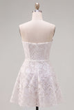 Strapless Pearl White Floral Lace A Line Homecoming Dress with Bow