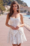 Strapless Pearl White Floral Lace A Line Homecoming Dress with Bow