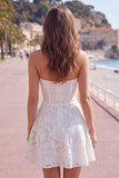 Strapless Pearl White Floral Lace A Line Homecoming Dress with Bow