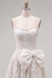 Strapless Pearl White Floral Lace A Line Homecoming Dress with Bow