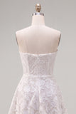 Strapless Pearl White Floral Lace A Line Homecoming Dress with Bow