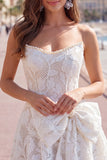 Strapless Pearl White Floral Lace A Line Homecoming Dress with Bow